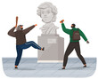 Vandals damaging the monument in public park. Bandits in masks and hoods destroy city property. Street gangsters and vandalism concept. Cartoon flat vector illustration with a man breaks the statue