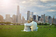 happy senior couple sitting on green meadow against New York cityscape