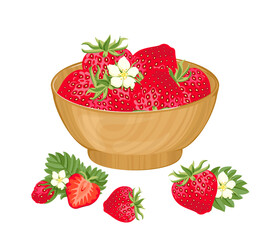 Wall Mural - Strawberry in wooden bowl isolated on white background. Vector illustration of red ripe berry fruit, green leaves and flowers in cartoon flat style.