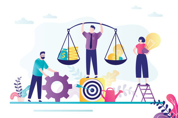 Wall Mural - Team invest in new idea. Businessman holds scales with light bulb and gold coins. Investment management, teamwork.
