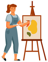 Wall Mural - A girl paints a picture. Female character painter at home doing hobby isolated on white background. Young woman writes a landscape or abstraction. reative character daily life routine, relaxing time