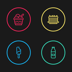 Sticker - Set line Ice cream, Bottle with milk, Cake and in bowl icon. Vector.