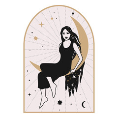 Wall Mural - Celestial woman vector illustration with moon and stars. Astrology esoteric boho art. Mystic astronomy girl card. Vintage isolated portrait. 