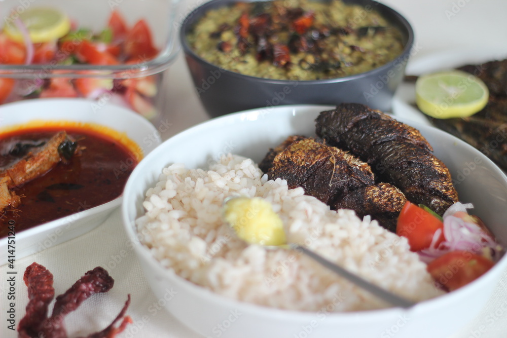 Sardis Rice Kerala meals with red rice, sardines curry, sardine fry and coconut ...