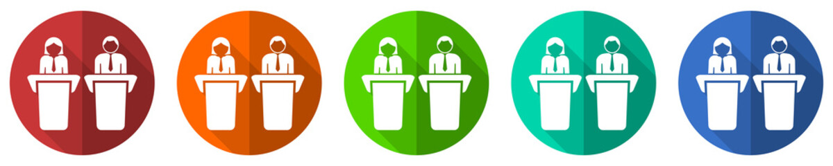 Poster - Debate, business presentation icon set, flat design vector illustration in 5 colors options for webdesign and mobile applications