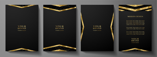 Modern black cover design set with gold geometric lines (triangle). Luxury creative premium pattern backdrop. Formal vector background template for business brochure, certificate, diploma, invite