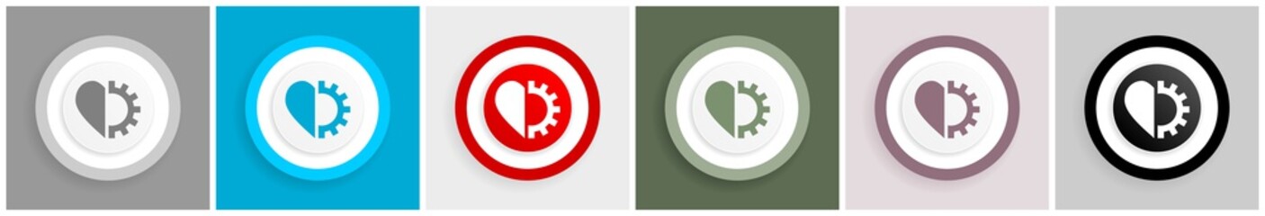 Poster - Heart and cogwheel icon set, colorful flat design vector illustrations in 6 options for web design and mobile applications