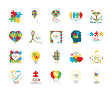 Set Autism Awareness Day, Puzzles Head Child Heart Hand Balloon Ribbon And Bulb Icon