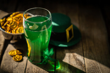 Wall Mural - St. Patricks day concept - green beer and symbols, rustic background. Part invitation.