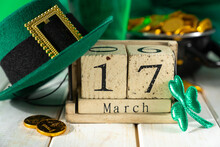 St. Patricks Day Concept - Green Beer And Symbols, Rustic Background. Part Invitation.