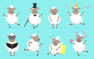 Fluffy sheep set. Funny wooly lamb dancing, running, sleeping, celebrating birthday, studying, falling in love. Cartoon animal collection, vector illustrations isolated on pale blue