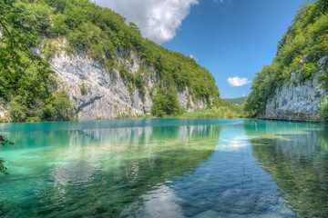 Summer sky reflected on water at Plitvice lakes national park in Croatia