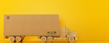 Big Cardboard Box Package On A Wooden Toy Truck Ready To Be Delivered On Yellow Background