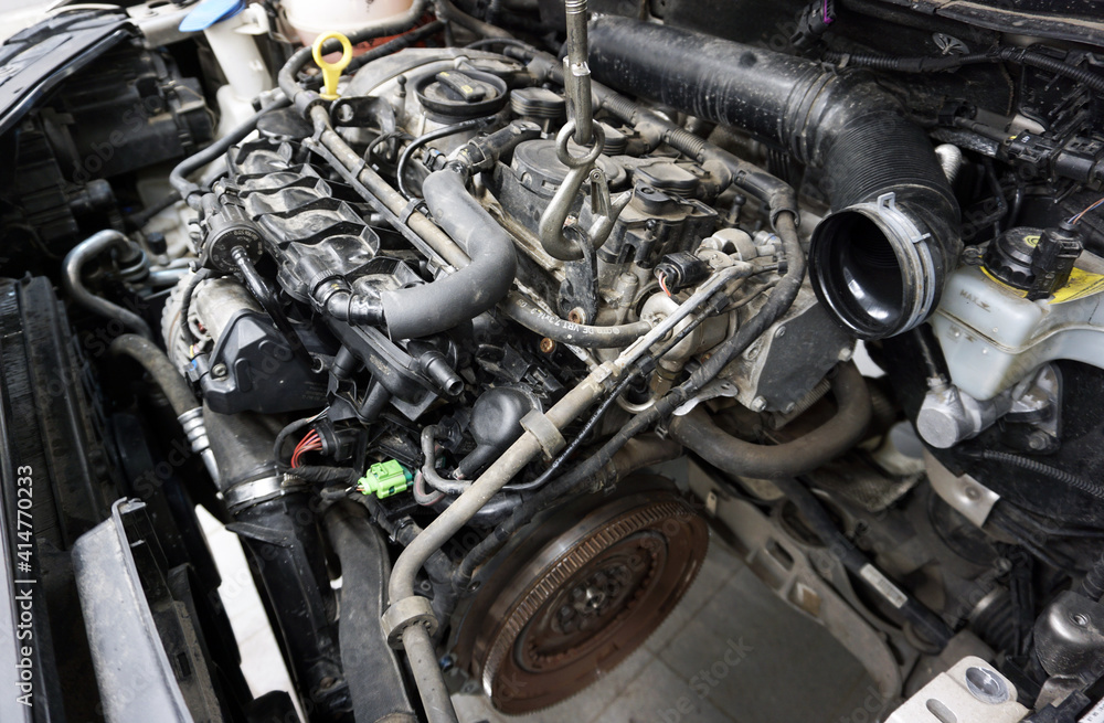 Russian Car Rear Engine Moscow Russia - February 16 2021: The engine of a modern car is ...