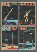 Space Journeys Illustration Set, Retro Futurism Sci Fi Books, Comics Covers Style, Space Rockets, Astronaut, Alien Planets Surfaces