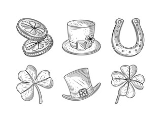 Poster - set happy st patricks day coins hat horseshoe icon sketch isolated