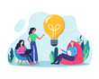Business idea concept illustration. Bring ideas together, Teamwork and startup concept. Business team working together brainstorming discussing ideas for project. Vector in a flat style