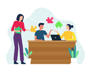 Wall Mural - Connecting teams concept illustration. Collaborate to build something creative, Teamwork and startup concept. Men and women work together and brainstorm find idea and solution. Vector in a flat style