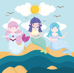 Sticker - Cute Mermaids sitting on the beach cartoon