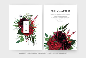 Modern minimalist wedding invite cards editable template set. Burgundy dahlia flowers, elegant red garden Rose, greenery eucalyptus leaves bouquet, berries, thistle decoration. Vector art illustration