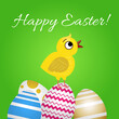 Easter card. Cute chicken and colored eggs
