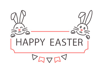 Wall Mural - Easter bunnies vector greeting card, holiday banner thin line art. Black and red colors outline design. Holiday illustration