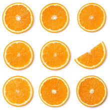 Seamless Pattern Of Orange Fruit Slices. Orange Slices Isolated On White Background. Food Background. Flat Lay, Top View.