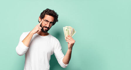 Sticker - young crazy bearded man with dollar banknotes