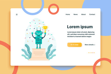 Wall Mural - robot winning golden cup. award, celebration, cyborg flat vector illustration. technology and contes