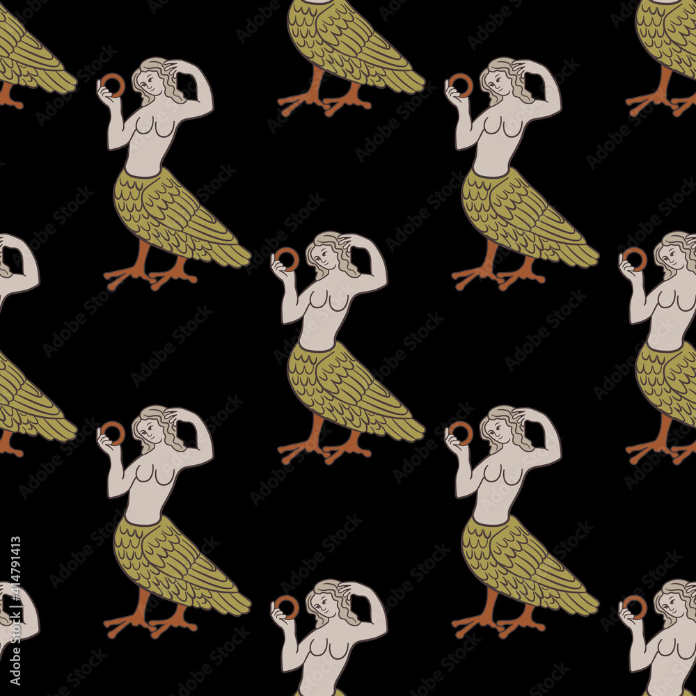 Seamless geometrical pattern with medieval motifs. Fantastic mythological female creature Siren. Half bird half woman. 