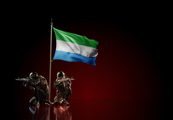 Concept of military conflict. Waving national flag of Sierra Leone. Illustration of coup idea. Two soldier statue guards defending the symbol of country against red wall