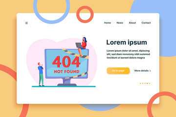Tiny programmers working with system error. Computer, monitor, internet flat vector illustration. Programming, IT and digital technology concept for banner, website design or landing web page