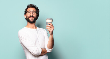 young crazy bearded man with a take away coffee