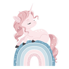 Vector Illustration Of A Cute Magic Unicorn, Sitting On The Rainbow.
