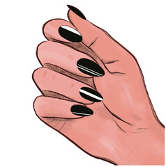 Female hand with beautiful manicure fashionable nail design. Black nail polish. Manicure symbol. Vector illustration.For cards, posters, stickers and professional design.