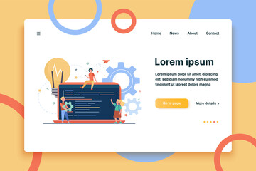 tiny cute children learning coding. laptop, bulb, program flat vector illustration. programming or d