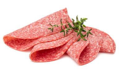 Wall Mural - Salami smoked sausage slices isolated on white background