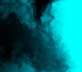  Abstract background of chaotically mixing clouds of turquoise smoke on a background of darkness