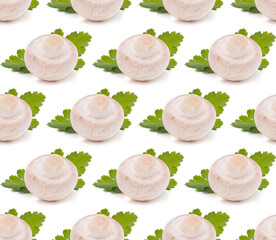 Sticker - Champignon mushroom and parsley leaves. Seamless food pattern.