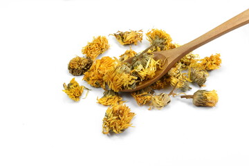 Wall Mural - Calendula officinalis or Marigold dry tea flowers isolated. Calendula or pot marigold medicinal herbs on white background