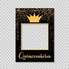 Quinceannera photo booth frame on a transparent background. 15th Birthday party photobooth props. Black and gold confetti party decorations. Vector template