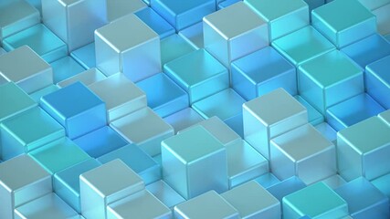 Blue Cyan Abstract metallic Cubes Background. Metal cube pattern wall. 3D rendering. Projection Mapping element with moving cubic surface. 4k Seamless loop