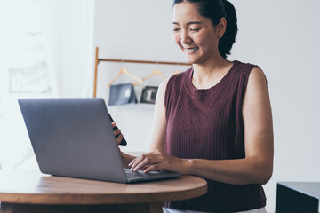 woman work using computer hand typing laptop keyboard contact us.student study learning education online.adult professional people chatting search at office.concept for technology device business