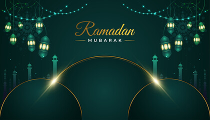 Wall Mural - Ramadan Mubarak Background with Mosque and Lanterns on Luxurious Green Paper Cut Background