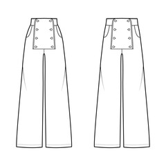 Wall Mural - Set of Pants sailor technical fashion illustration with low normal low waist, high rise, full length, pockets, front buttons. Flat trousers apparel template, white color. Women, men, unisex CAD mockup