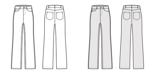 Wall Mural - Jeans Denim pants technical fashion illustration with full length, low waist, rise, 5 pockets, Rivets, belt loops. Flat bottom apparel template front, back, white, grey color style. Women CAD mockup