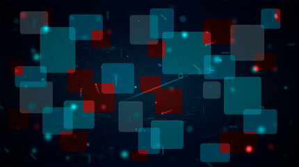 Wall Mural - Abstract space background with geometric squares, Futuristic illustration with red Abd blue square, Technology and future concept. shining dots and stars, blur background with dusts and space particle