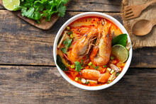 Tom Yam Kung ,Prawn And Lemon Soup With Mushrooms, Thai Food In White Bowl Top View