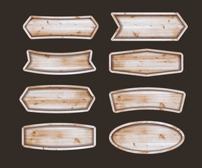 Aufkleber - Wooden stickers label collection. Set of various shapes wooden sign boards for sale,price and discount stickers, banners, badges. Vector illustration