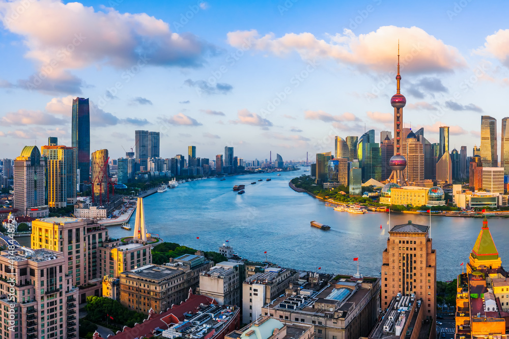 Aerial view of Shanghai skyline at sunset,China. Stock Photo | Adobe Stock